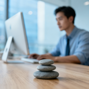 Professionista in ufficio che gestisce il carico di lavoro mentale, simbolo di equilibrio e applicazione della norma ISO 10075 per la salute psicologica aziendale