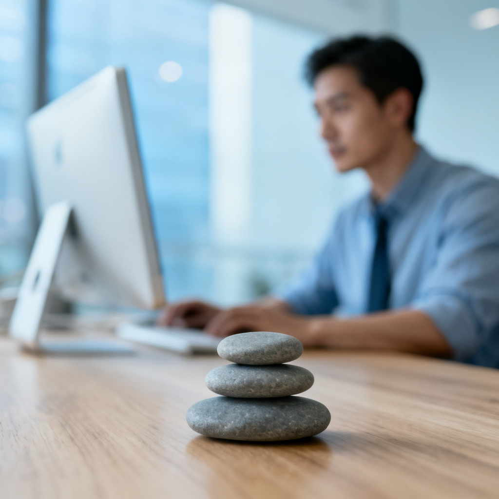 Professionista in ufficio che gestisce il carico di lavoro mentale, simbolo di equilibrio e applicazione della norma ISO 10075 per la salute psicologica aziendale